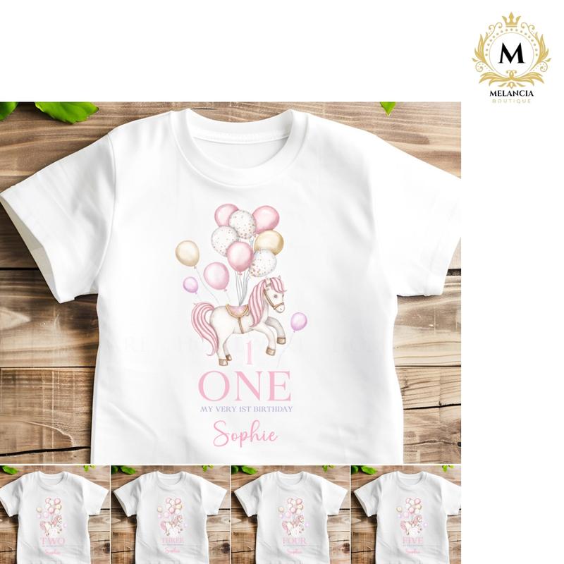 Melancia- Birthday T-SHIRT Personalised Carousel for girls in Pink on White Top summer kids clothes Send a message with your Childs Name 0