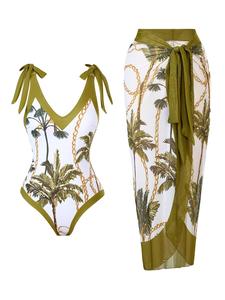 Women's Plants Print One-piece Swimsuit & Sheer Cover Up Skirt Outfits Set, Casual Fashion Swimwear Set for Beach Holiday Vacation, Ladies Swimsuit for All Seasons, Clothes for Women, Beach Cover Ups, Swimwear Coverups, Summer Swimming Cover