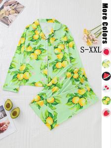 Women's Lemon Print Button Front Shirt & Elastic Waist Pants Pyjama Two-piece Set, Casual Comfy Long Sleeve Lapel Neckline Top & Trousers Pj Set, Women's Sleepwear for Spring & Fall
