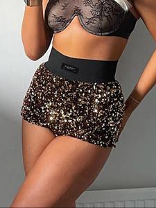 Women's Contrast Sequin Patched Skinny Shorts, Sexy Fashionable High Waist Shorts for Party Club Dating, Ladies Bottoms for All Seasons