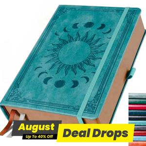 A5 Journal Notebook, 1 Count Sun & Moon Embossed Faux Leather Cover Notebook, Lined Paper Notebook with Pen Loop, Elastic Closure, Ribbon Bookmarks, Planner Notebook, Durable Drawing Notebook