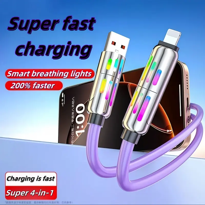 240W4 in 1 Functional Super Fast Charge UsB Type CLiquid Silicone Aluminum Alloy Data Cable For iPhone14 15 16pro max Huawei Samsung Xiaomi 2