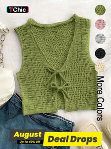 Women's Solid Tie Front Knitted Vest, Casual Breathable Crochet Sleeveless Vneck Top for Summer, Ladies Crochet Clothes for Daily Wear, Womenswear, Shrug Vest, Green Crop Tops, Casual Comfy Vest, Chic Elegant Vest