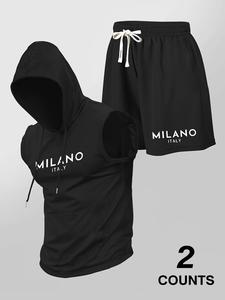 Two-Piece Set Men's Letter Print Hooded Vest & Shorts Set, Regular Fit Casual Sleeveless Graphic Top & Shorts, Summer Clothes Set for Men, Menswear