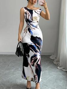 Women's Floral Print Asymmetrical Neck Dress, Elegant Sleeveless Bodycon  Dress for Party Holiday Wedding Guest, Ladies Summer Clothes