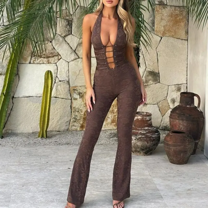 Women's Open Deep V Slim Jacquard Jumpsuit Sleeveless Lace Jumpsuit, Sleeveless Backless Hollow Out Skinny Long Jumpsuit, See Through One Piece Suit Party Clubwear Vacation Wear