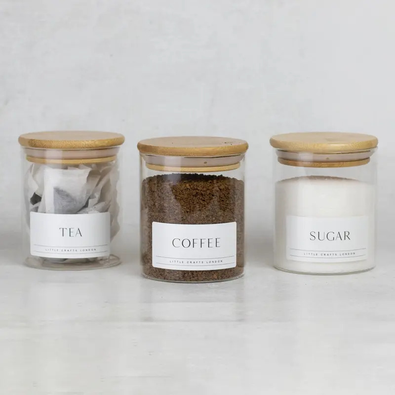Set of 3 Glass Jars with Bamboo Lid - Tea, Coffee and Sugar (Slim label) 450 ML 3