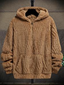 Men's Solid Pocket Half Zip Up Fuzzy Knit Top, Regular Fit Casual Long Sleeve warm Outerwear for Fall & Winter, Men's Clothes for Daily Wear