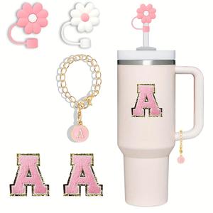 Tumbler Cup Accessories, 5 Counts/set Including 2 Counts Flower Design Straw Cover, 1 Count Name Tag Charm, 2 Counts Chenille Letter Patches, Valentine's Day Gift