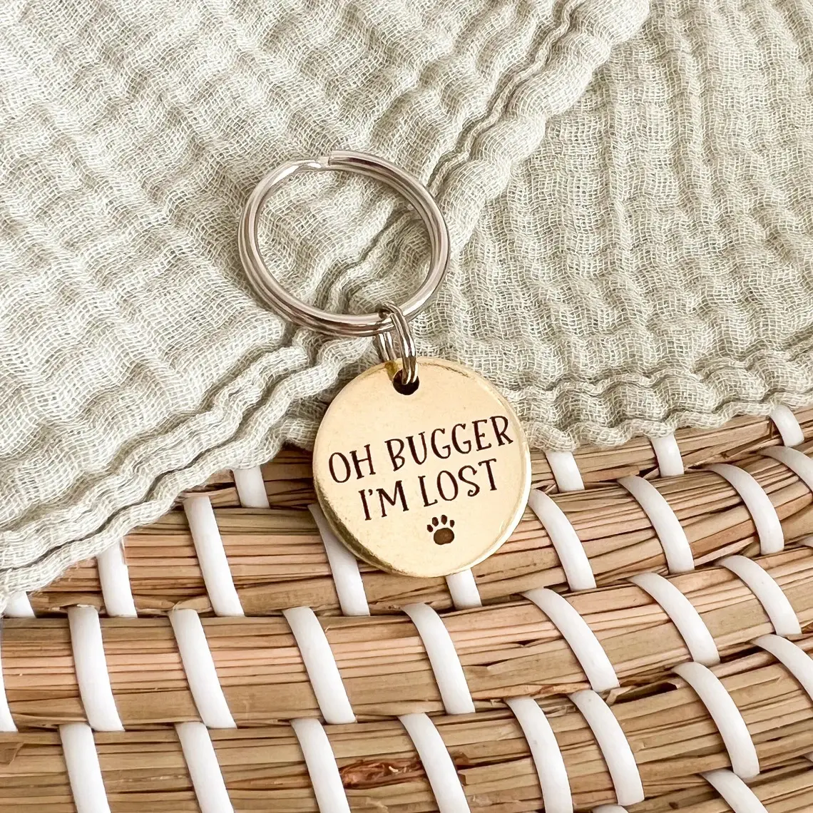 Custom Deep Engraved 'Oh Bugger I’m Lost' Dog Tag – Funny Pet ID Tag – Brass Dog Tag, Fully Personalised