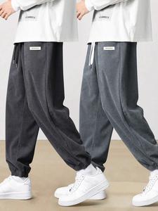 Men's Letter Patched Drawstring Waist Corduroy Pants, Casual Comfy Pocket Jogger Pants for Fall & Winter, Men's Trousers for Daily Wear