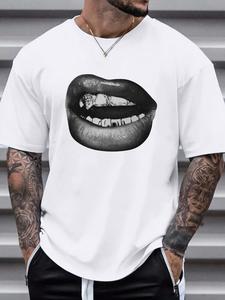 Men's Regular Fit Lip Print Round Neck Tee, Casual Short Sleeve Crew Neck T-shirt for Summer, Fashion Men's Top for Daily Wear