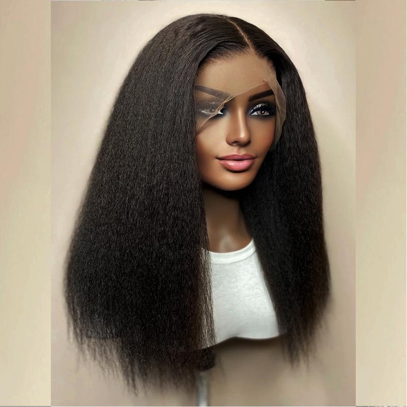 Soft Yaki Preplucked Black Color 26Inch 180Density Kinky Straight Lace Front Wig Synthetic Baby Hair Glueless Daily Wear Wig 1
