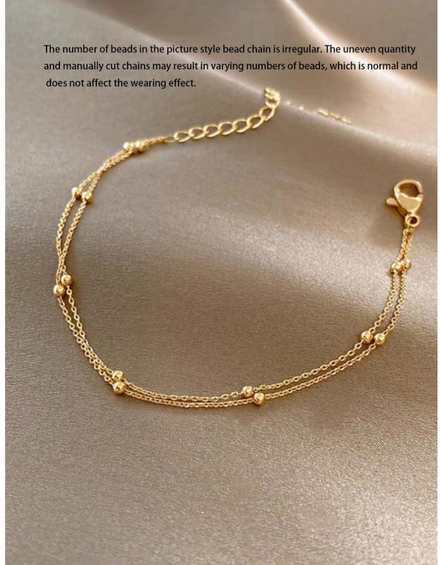 1pc Gold-Color Double-Layered Good Luck Beaded Anklet For Women, Fashionable, Luxurious And Versatile, Suitable For Wearing On The Beach, Daily Life And Other Occasions 0