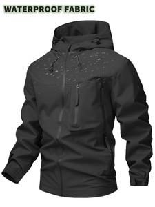 Men's Solid Color Drawstring Zip Up Hooded Jacket, Regular Fit Casual Comfy Waterproof Long Sleeve Outerwear for Fall & Winter, Men's Clothes for Daily Wear