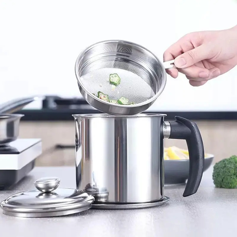 2 Pcs Oil Strainer Pot Grease Can, 1.3L Stainless Steel Oil Container with Strainer, Bacon Grease Container with Lid and Non-Slip Plate for Storing Frying Oil and Cooking Grease 1