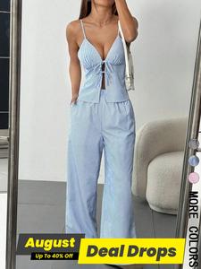 Women's Striped Print Cami Top & Wide Leg Pants, Casual Fashion Cozy Sleeveless Set for Daily Outdoor Wear, Ladies Clothes for Summer, Womenswear, Yoga Outfit Set, Matching Outfits, Summer Beach Set, Summer Clothing Set, Two Piece Set Women