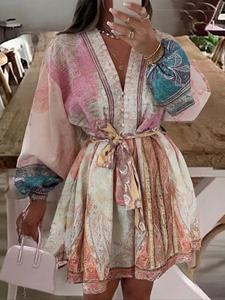 Women's Short Dress, Casual Boho Fashion Long Sleeve Dress for Beach Vacation Holiday, Ladies Summer Clothes, Womenswear