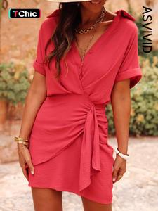 Women's Solid Colored Body Fitting Pleated Waisted Mini Dress, Fashion V Neck Dress for Summer, Ladies Clothes