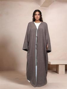 Women's Solid Color Tie Front Split Sleeve Abaya, Modesty Abaya, Casual Long Sleeve V Neck Abaya for Daily Wear, Ladies Islamic Clothing for All Seasons