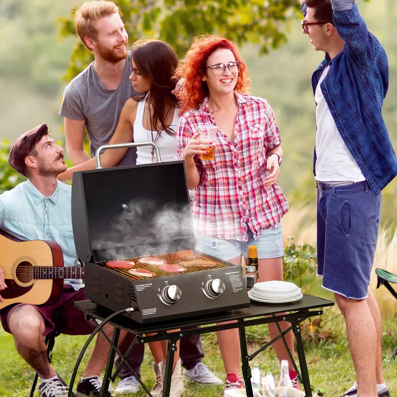 Outsunny 2 Burner Gas BBQ Grill Outdoor Portable Folding Tabletop Barbecue w/ Lid, Thermometer, Carbon Steel, Black 1