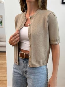 Women's Solid Color Button Cardigan, Casual Half Sleeve Knitwear for Daily Wear, Ladies Knitting Clothes for Spring & Fall, Womenswear