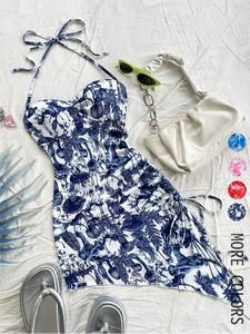 Women's All Over Print Ruched Drawstring One-piece Swimsuit, Casual Fashion Backless Tie Front Halter Swimwear for Beach Holiday Vacation, Ladies Swimsuit for All Seasons, Tropical Print Swimsuit, Drawstring Swimsuits