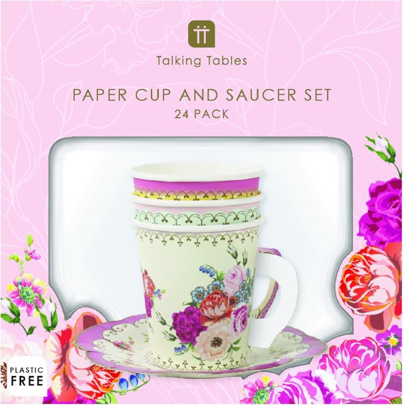 Product Introduction of Pack of 24 Vintage Floral Cup & Saucer Afternoon Tea Set, Truly Scrumptious Disposable Tableware for Birthday or Garden Party, Baby Shower, Wedding, TRULYCUPSET24 Drinkware Plastic 10