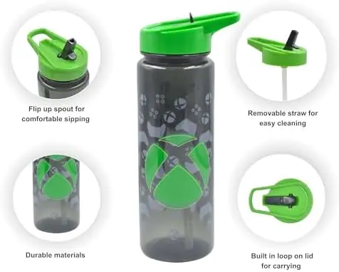 Xbox Reusable BPA free Kids Water Bottle with built in Carry Loop, Straw and Screw Lid - 600ml Drinkware Tumbler 1