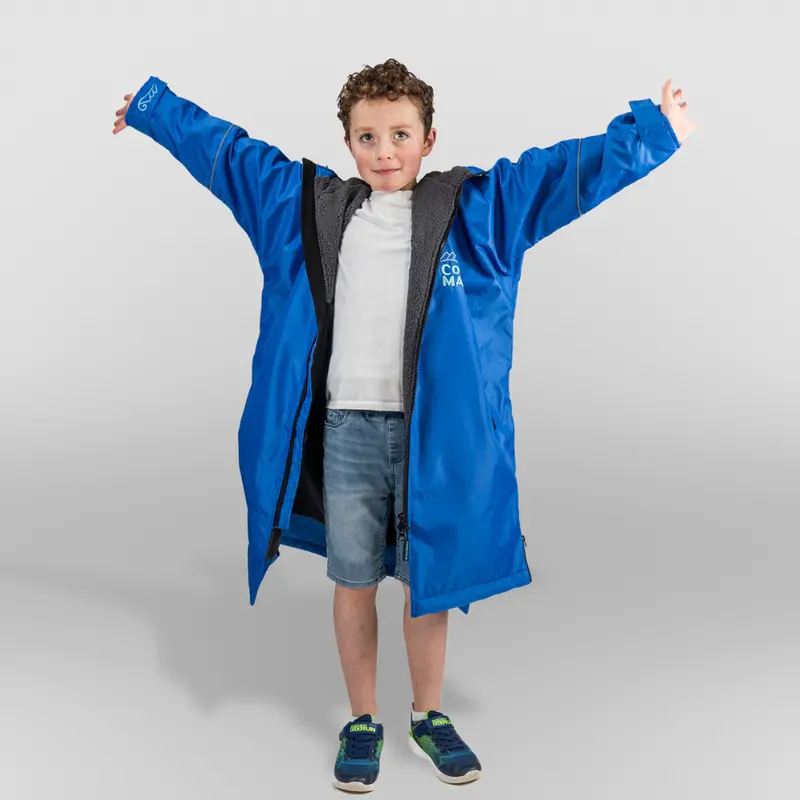 Cosimac Junior CosiRobe Flex - Blue with Grey Fleece - Super Warm Waterproof Outdoor Changing Robe for Sea Swimming Outwear Comfort Kids Coat Horse Riding Equestrian 1