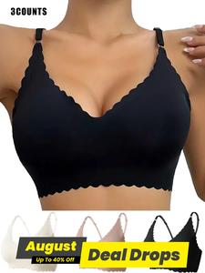 Women's Solid Scallop Trim Wireless Push Up Bra, Soft Comfy Breathable Soft Casual Fabric Bra for Daily Wear, Women's Underwear for All Seasons, Womenswear, Lady Basic Bra Sets, Clothes, Minimalist Supportive Wireless Bra