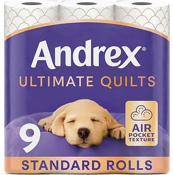 Andrex Ultimate Quilts Toilet Paper 9 Rolls, Air Pocket Technology for Soft, Thick Sheets -Pack of 9 Quilted Toilet Rolls, FSC Certified