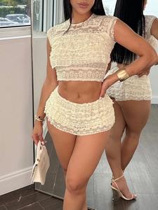 2025 Trendy, Women's Solid Ruffle Trim Crop Top & Tiered Layer Shorts Two-piece Set, Casual Fashion Cap Sleeve Mock Neck Top & Skinny Shorts for Daily Outdoor Wear, Ladies Summer Clothes