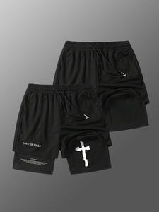 Men's 2-in-1 Plain / Letter & Cross Print Drawstring Waist Shorts, Casual Loose Fit Shorts for Summer, Men's Bottoms for Daily Wear