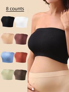 8 Counts Maternity Solid Color Ribbed Seamless Bandeau Lingerie Top, Casual Soft Comfortable Breathable Crop Tube Top for Pregnant Women, Pregnancy Supplies Underwear for All Seasons, Maternity Solid Bra