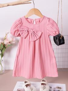 Toddler Girl's Solid Big Bow Decor Puff Sleeve Dress, Cute Casual Frill Trim Square Neck A Line Dress for Party Holiday, Kids Summer Clothes, Toddler Outfit