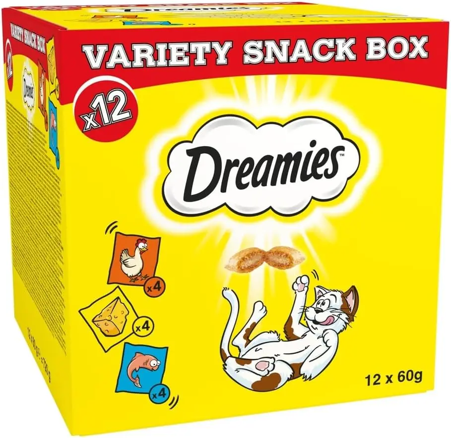 DREAMIES - Cat Treats - 12 x 60g - Multipack Biscuits - Variety Snack Box - 12 Pouches