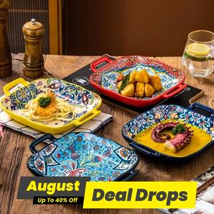 Bohemian Modern Ceramic Plates, 4 Counts/set Square Plate with Handle, Salad Plate for Home Kitchen Dining Room, Serving Dinnerware, Dinnerware Sets, Dishwasher Safe Tableware, Modern Ceramic Dinnerware, Boho Colourful Ceramics Plate