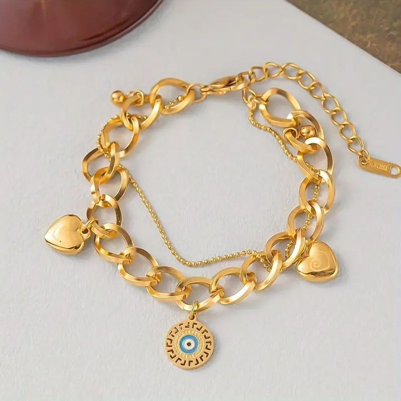 Elegant Golden-Tone Stainless Steel Bracelet with Heart Charms & Evil Eye Pendant - Vintage-Inspired, Design Perfect for Daily Wear & Gifting, Charm Bracelet 1