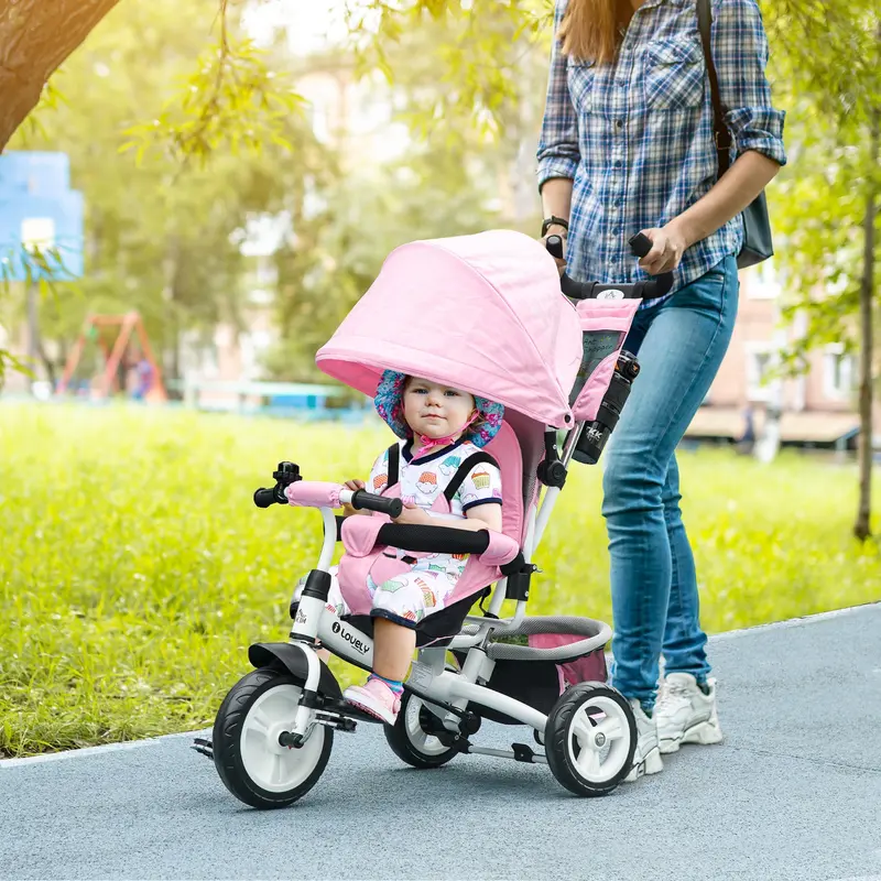 HOMCOM 4 in 1 Kids Trike Push Bike w/ Push Handle, Canopy, 5-point Safety Belt, Storage, Footrest, Brake, for 1-5 Years, Pink | Aosom UK 1