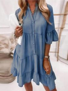 Women's Denim-effect Print Ruffle Trim V Neck Dress, Casual Short Sleeve Dress for Summer, Fashion Women's Clothes for Daily Wear, Boho Summer Dresses