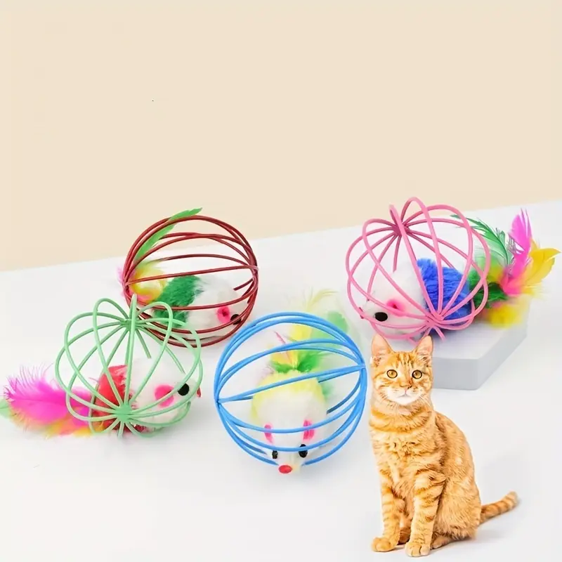 Cat Toy Cage Mouse Teaser Stick with Artificial Feather Tail Mini Ball Self-Entertaining Cat Toy 3