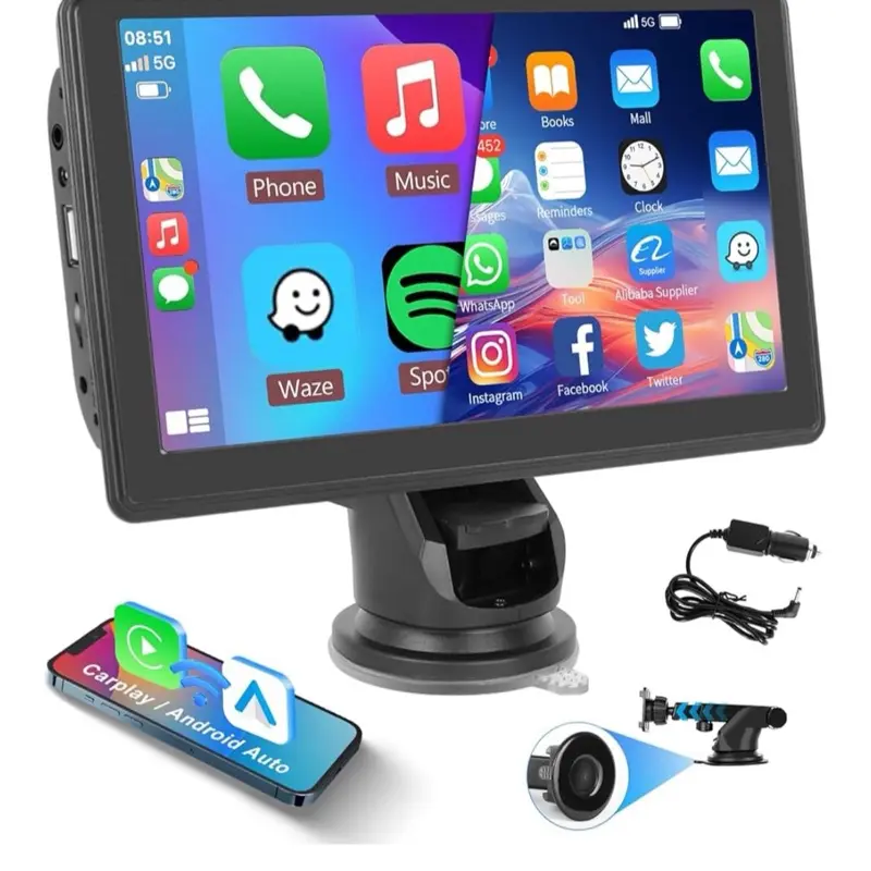 7" Portable Wireless Car Stereo with HD Touch Screen for Apple & Android Auto, Car Radio Receiver with Bluetooth, FM, AUX carplay