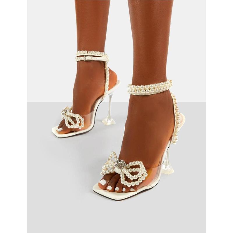 Glimmer White Wrap Around Pearl Detail Bow Square Toe Cake Stand Heels 2