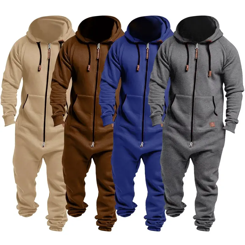 New foreign trade men's hooded fleece jumpsuit solid color casual men's suit jumpsuit 0