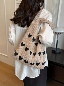 Women's Heart Pattern Knitted Tote Bag, Casual Large Capacity Shoulder Bag for Daily Used, Trendy All-match Bag for Commuters and Students