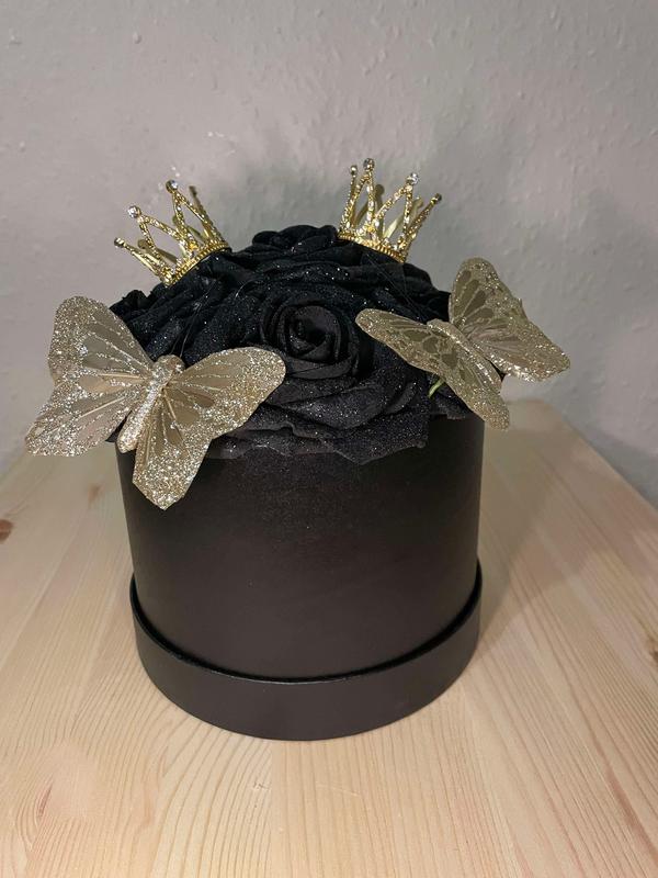 Artificial small black and gold glittered hat box arrangement with roses small crown and gold butterflies bespoke arrangement 6