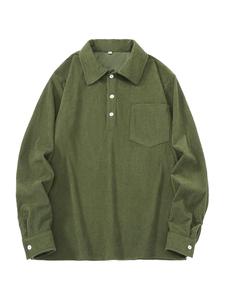 Men's Solid Color Button Front Half Placket Corduroy Polo Shirt, Loose Casual Long Sleeve Chest Pocket Design Top for Fall & Winter, Men's All-Match Clothes for Daily Wear