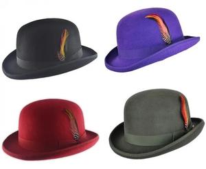 Findfashion Women's Men's Hard Top Wool Bowler Hat With Feather Satin Lined For Unisex