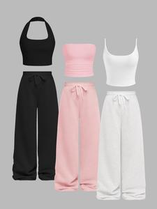 Women's Solid Color Crop Top & Wide Leg Pants Set, Casual Comfy Sleeveless Top & Trousers for Daily Wear, Ladies Outfits for All Seasons